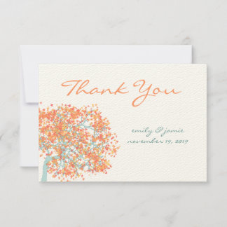 Coral Leaves AQUA Tree  Wedding Thank You Card