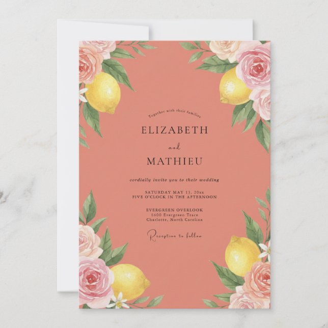 Coral Lemon Painted Wedding Invitation (Front)