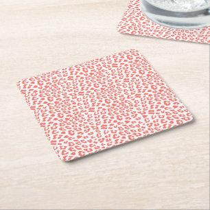Coral Leopard Print Square Paper Coaster