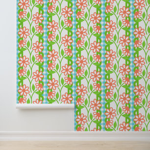 Coral & Lime Maximalist Floral Scalloped Stripe Wallpaper
