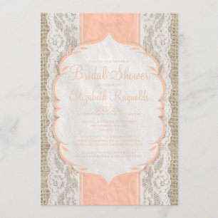 Coral Linen Burlap Lace Bridal Shower Invitations
