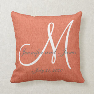 Coral Linen Grey White Monogram Wedding Keepsake Cushion
