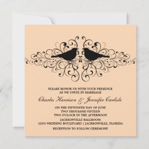 Coral Love Bird Swirls Wedding Invitation