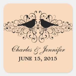 Coral Love Bird Swirls Wedding Stickers
