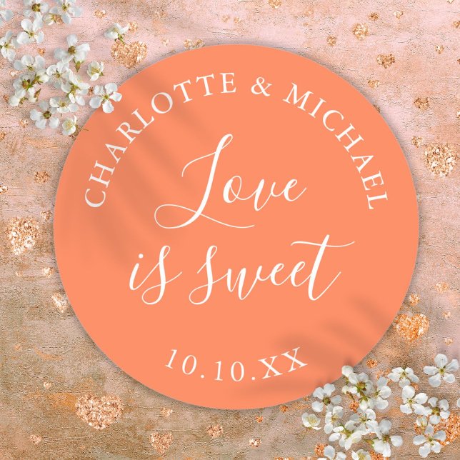 Coral Love Is Sweet Wedding Favor  Classic Round Sticker (Coral Love Is Sweet Wedding Favor Classic Round Sticker)