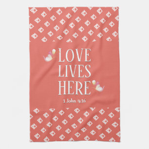 Coral   LOVE LIVES HERE   Stylish Customisable Tea Towel