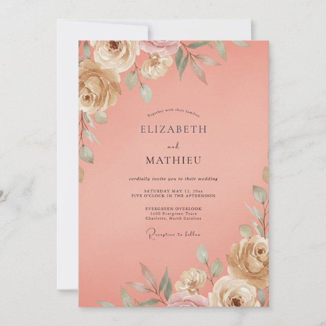 Coral Luminous Floral Wedding Invitation (Front)