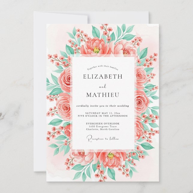 Coral Lush Floral Wedding Invitation (Front)