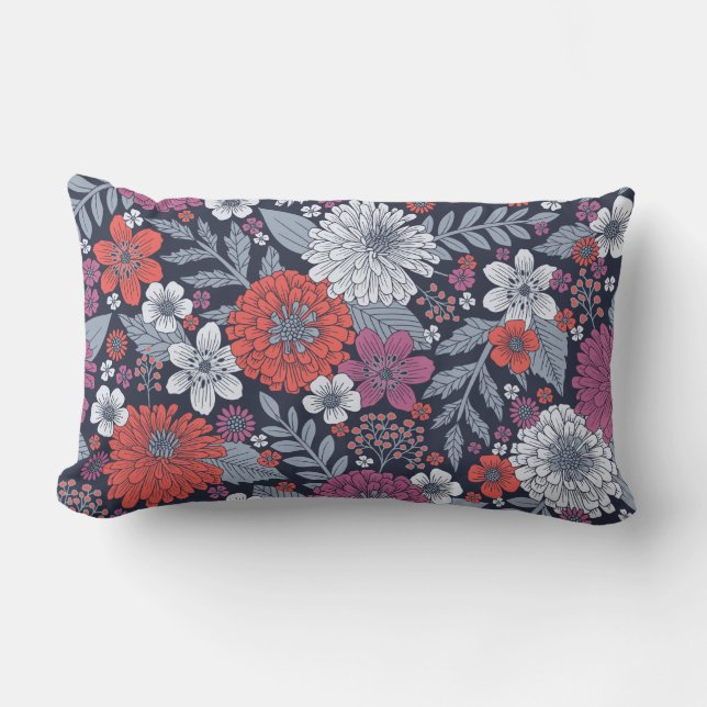 Coral, Magenta & Blue Zinnias Floral Lumbar Cushion (Front)