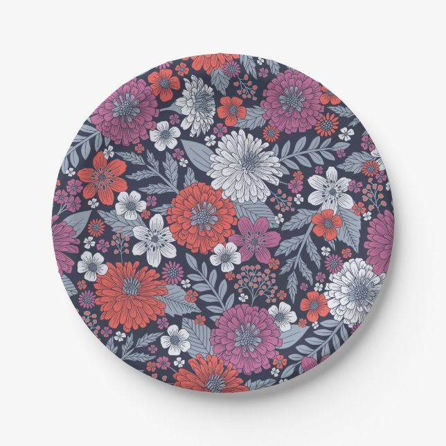 Coral, Magenta & Blue Zinnias Floral Paper Plate (Front)
