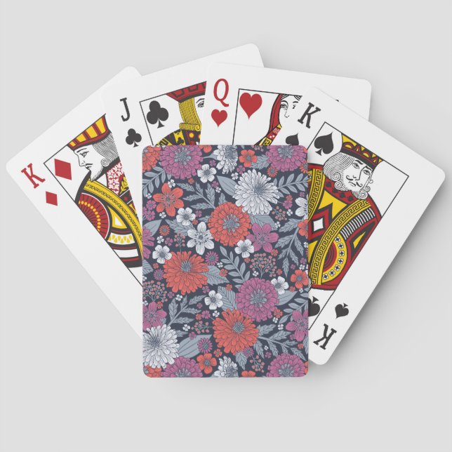 Coral, Magenta & Blue Zinnias Floral Playing Cards (Back)