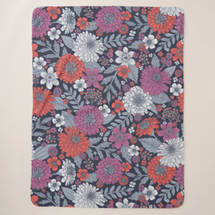 Coral, Magenta & Blue Zinnias Floral Sherpa Blanket