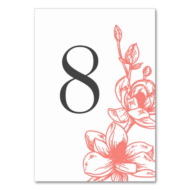 Coral Magnolia Flowers Wedding Table Number (Front)