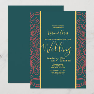 Coral Mandala & Dark Teal Elegant Wedding