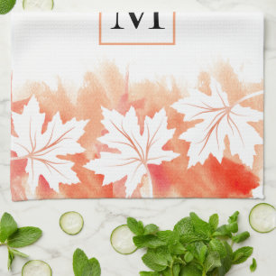 Coral maple leaf watercolor wash and monogram tea towel