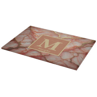 Coral Marble with Hints of Gold Streaks Monogram Cutting Board
