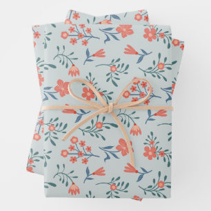 Coral Meadow Floral Pattern Wrapping Paper Sheet