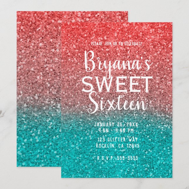 Coral Melon Orange Teal Aqua Glitter Sweet 16 Invitation (Front/Back)