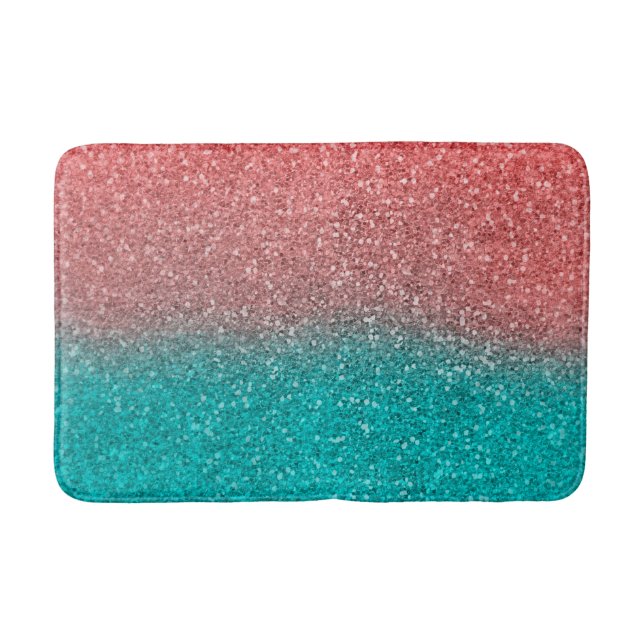 Coral Melon Orange Teal Aqua Green Sparkly Glitter Bath Mat (Front)