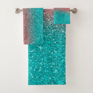 Coral Melon Orange Teal Aqua Green Sparkly Glitter Bath Towel Set