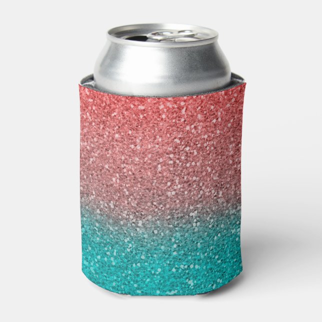 Coral Melon Orange Teal Aqua Green Sparkly Glitter Can Cooler (Can Front)