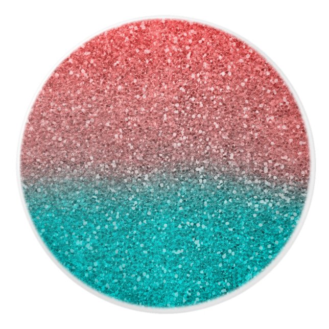 Coral Melon Orange Teal Aqua Green Sparkly Glitter Ceramic Knob (Front)