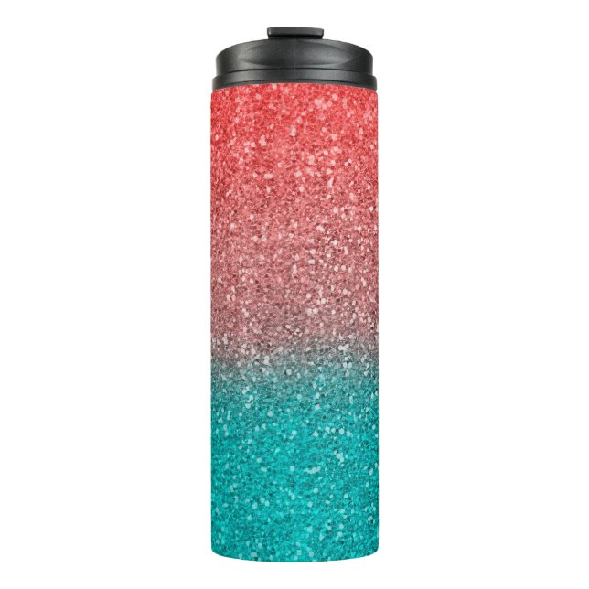 Coral Melon Orange Teal Aqua Green Sparkly Glitter Thermal Tumbler (Front)