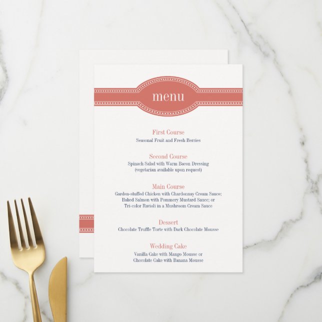 Coral Menu Card, Caroline Wedding Collection (Front/Back In Situ)