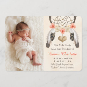 Coral Mint Boho Dreamcatcher Birth Announcement