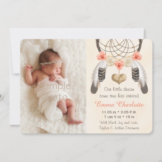 Coral Mint Boho Dreamcatcher Birth Announcement (Front)