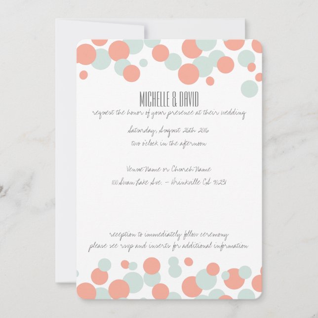 Coral & Mint Bubbles Confetti Wedding Invitations (Front)