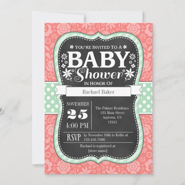 Coral Mint Chalkboard Floral Baby Shower Invite (Front)