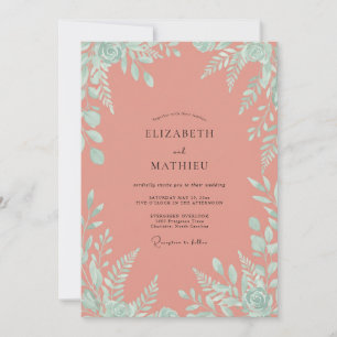 Coral Mint Foliage Eucalyptus Wedding Invitation