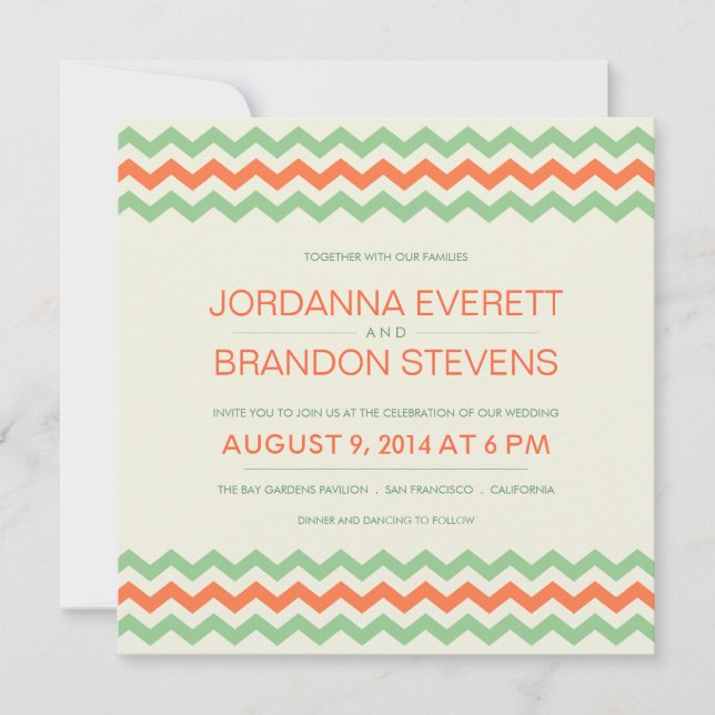 Coral Mint Green Chevron Wedding ZigZag Invitation (Front)