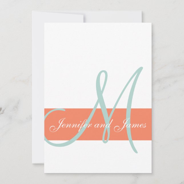 Coral Mint Green Monogram Names Simple Wedding Invitation (Front)