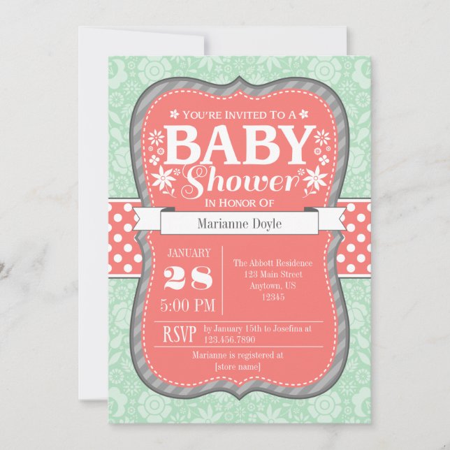 Coral Mint Grey Floral Flower Baby Shower Invite (Front)