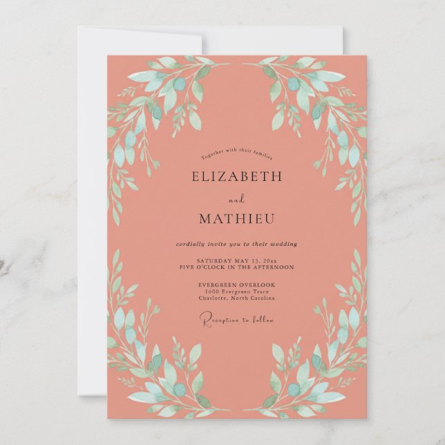 Coral Mint Leafy Wedding Invitation (Front)