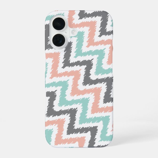 Coral Mint Linen Diagonal Zigzag Ikat Pattern iPhone 16 Case (Back)