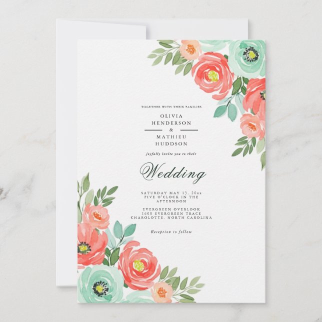Coral Mint Lush Floral Wedding Invitation (Front)