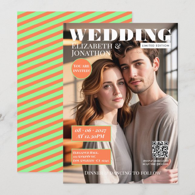 Coral & Mint Magazine Wedding Photo Invitation (Front/Back)