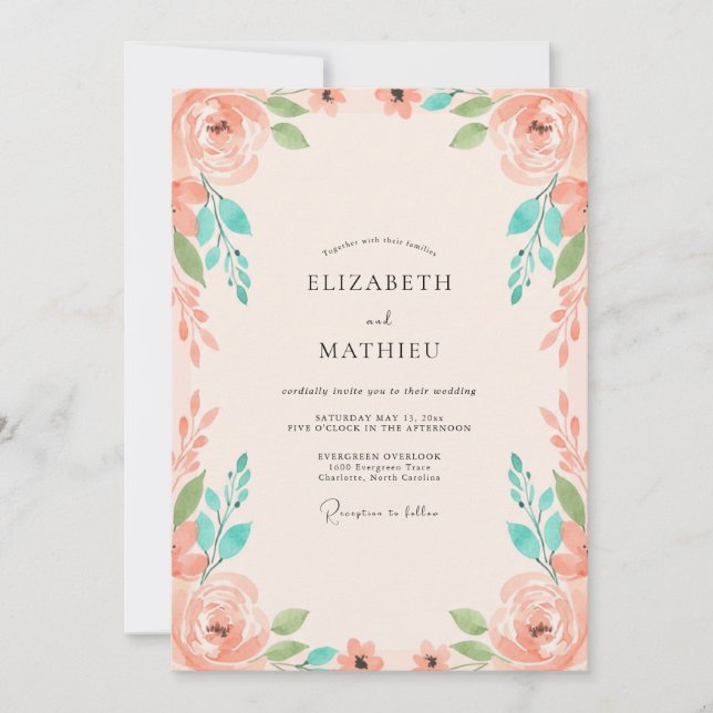 Coral Mint Peony Wedding Invitation (Front)