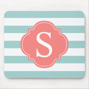 Coral Mint Stripes Monogram Mouse Mat