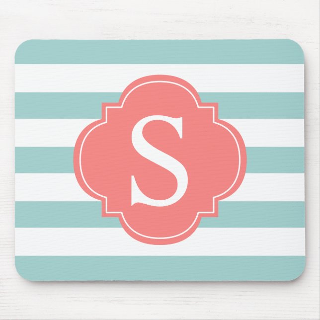 Coral Mint Stripes Monogram Mouse Mat (Front)