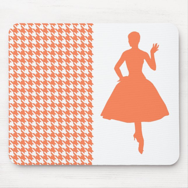 Coral Modern Houndstooth w/ Fashion Silhouette Mouse Mat (Front)