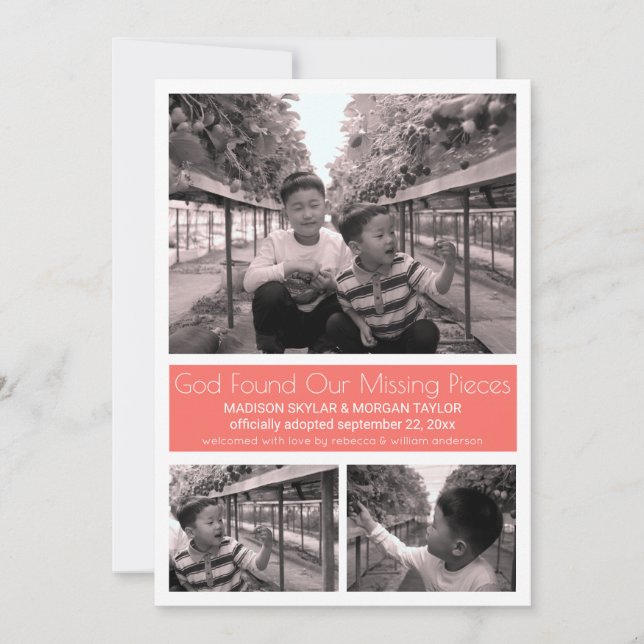 Coral Modern Minimalist Child Adoption 3 Photo Announcement (Front)