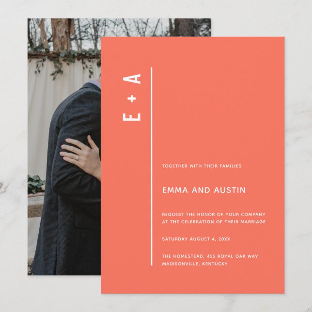Coral Modern Minimalist Initials Photo Wedding Invitation (Front/Back)
