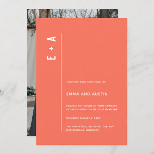 Coral Modern Minimalist Initials Photo Wedding Invitation