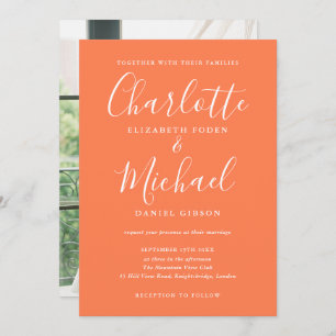 Coral Modern Signature Script Photo Wedding Invitation