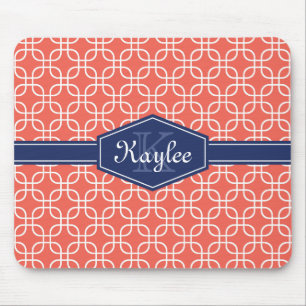 Coral Modern Square Pattern Blue Label Mouse Mat