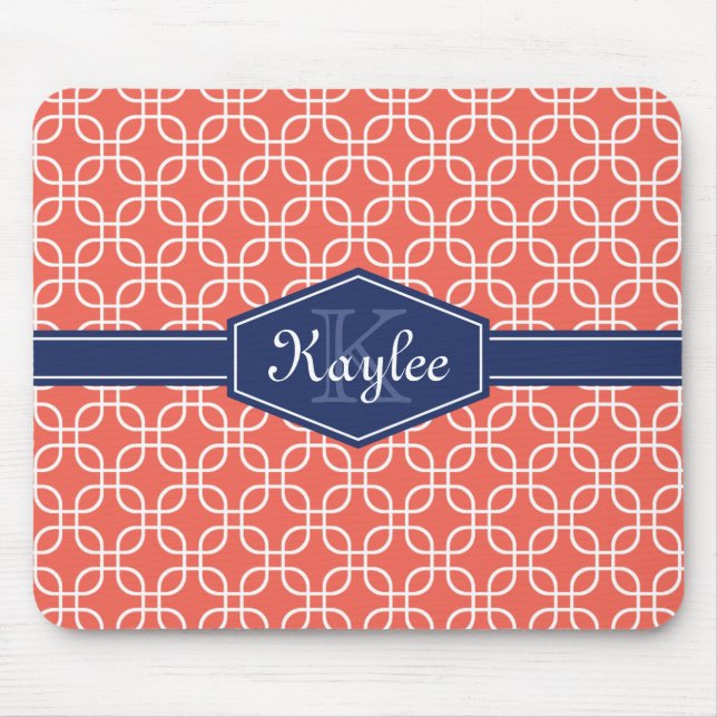 Coral Modern Square Pattern Blue Label Mouse Mat (Front)